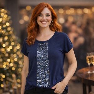 LOFT Navy Sequin Front Top Size Small Cotton Short Sleeve Blouse